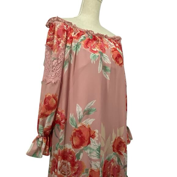 Champagne Strawberry Tiered Maxi Dress size Small Off Shoulder Long Sleeve Flora - Picture 10 of 16